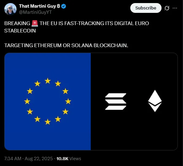 La UE sopesa Etheruem y Solana para sus planes de stablecoin | Fuente: X