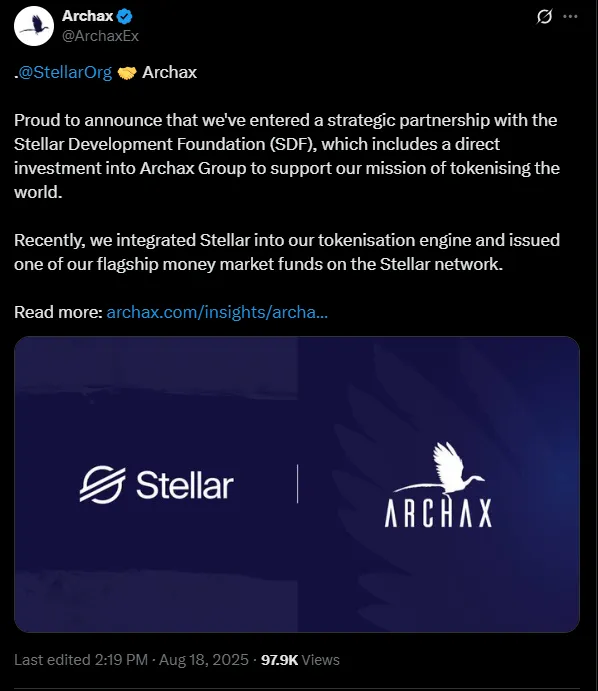 Stellar se asocia con Archax para la tokenización de RWA | Fuente: X