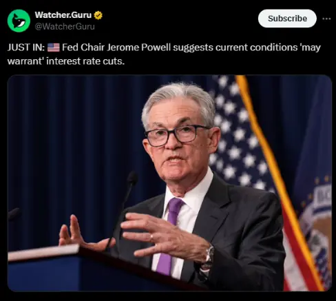 파월, 현재 상황이 금리 인하를 "보증"할 수 있다고 말하다 | 출처: X